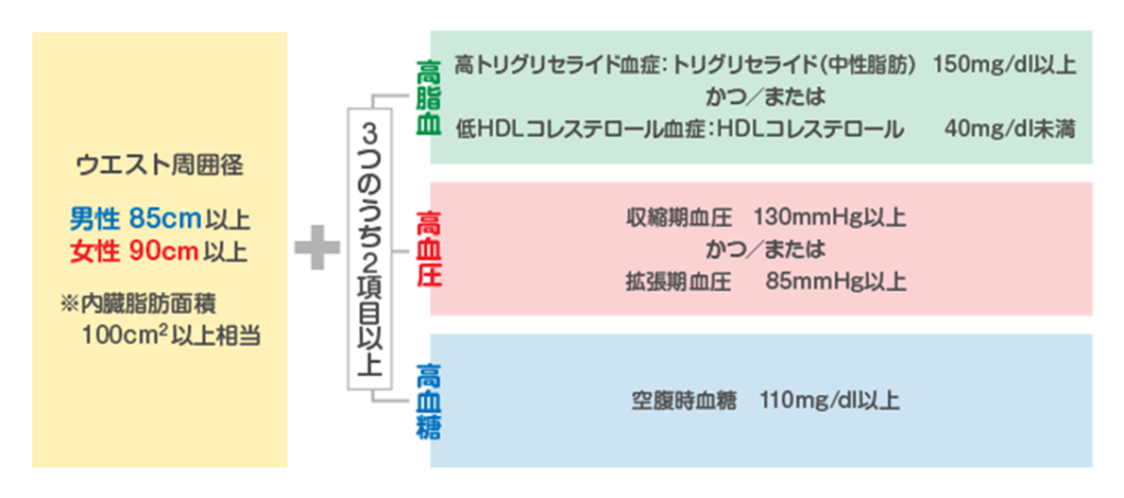 メタボリックシンドロームの基準
必須項目・ウエスト径
男性:85㎝以上
女性:90㎝以上下記3つの項目のうち2項目
高脂質
トリグリセライド(中性脂肪・TG):150㎎/dl以上
または
HDLコレステロール:40㎎/dl以下高血圧
収縮期血圧:130mmHg以上
または
拡張期血圧:85mmHg以上高血糖
空腹時血糖:110㎎/dl以上
